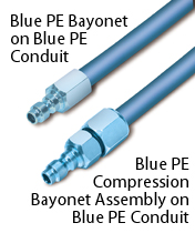 Blue PE Bayonet & Blue PE Compression Bayonet Assembly on Blue PE Conduit